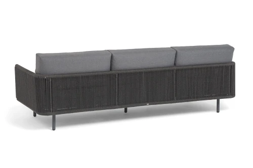 "Джелло" диван 3-местный плетеный из роупа, каркас алюминий темно-серый (RAL7024) муар, роуп темно-серый круглый, ткань темно-серая 027