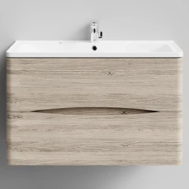 Тумба Адель 90  подвесной, Дубослив ореховый светлый ПВХ 3445 Vodok с раковиной в комплекте