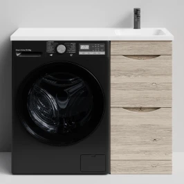 Тумба Смайл 100 напольный, под стиральную машину, правая, Дубослив ореховый светлый ПВХ 3445 Vodok с раковиной в комплекте