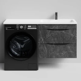 Тумба Смайл 130 подвесной, под стиральную машину, правая, Мрамор Графит софт тач ПВХ 4044-3 Vodok с раковиной в комплекте
