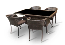Обеденная группа стол Руардин + 4 кресла Греция из искусственного ротанга Dark brown
