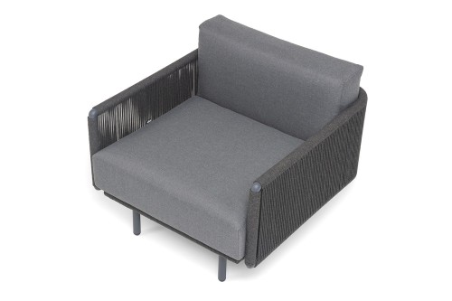 "Джелло" кресло плетеное из роупа, каркас алюминий темно-серый (RAL7024) муар, роуп темно-серый круглый, ткань темно-серая 027