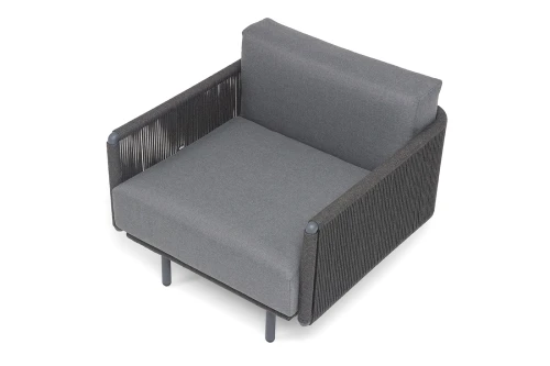 "Джелло" кресло плетеное из роупа, каркас алюминий темно-серый (RAL7024) муар, роуп темно-серый круглый, ткань темно-серая 027