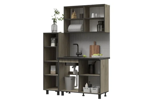 Кухня Эдинбург 1.4 с пеналом Фасад ЖЕЛЕЗНЫЙ КАМЕНЬ/Корпус ДУБ КРАФТ СЕРЫЙ