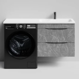 Тумба Смайл 130 подвесной, под стиральную машину, правая, Мрамор Серый софт тач ПВХ 4044-1 Vodok с раковиной в комплекте