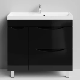 Тумба Лайт 90 напольный, черный глянец, 2 ящика, 1 дверь слева Vodok с раковиной в комплекте