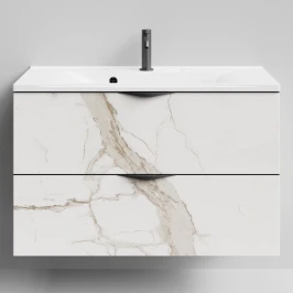 Тумба Марко 90 подвесной, ручки Черные, Мрамор Белый натур милк ПВХ 2537 Vodok с раковиной в комплекте