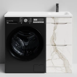 Тумба Смайл 100 напольный, под стиральную машину, правая, Мрамор Белый натур милк ПВХ 2537 Vodok с раковиной в комплекте