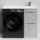 Тумба Смайл 100 напольный, под стиральную машину, правая, Мрамор Белый софт тач 4044-2 Vodok с раковиной в комплекте