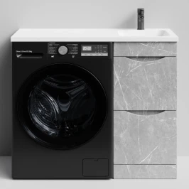 Тумба Смайл 100 напольный, под стиральную машину, правая, Мрамор Белый софт тач 4044-2 Vodok с раковиной в комплекте