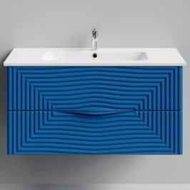 Тумба Эйфория 100 F5, пример RAL 5019 Капри синий, матовая, 2 ящика, подвесной Vodok с раковиной в комплекте