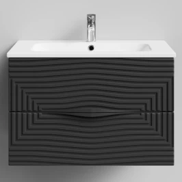 Тумба Эйфория 80 F5, пример RAL 9005 Чёрный янтарь, матовая, 2 ящика, подвесной Vodok с раковиной в комплекте