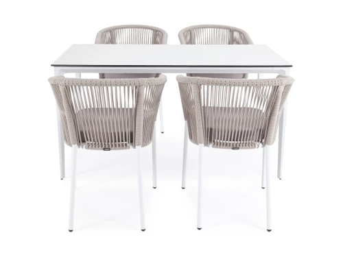 "Малага" обеденная группа на 4 персоны со стульями "Марсель", каркас белый, роуп бежевый