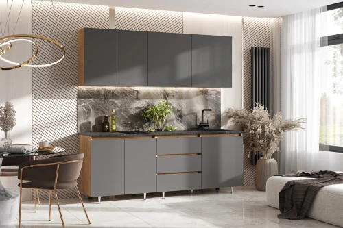 Кухня Челси 2,0м Компоновка №2, Дуб Крафт, Графит (Кастилло)