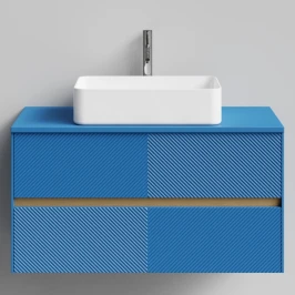Тумба Аурум 100, пример RAL 5019 Капри синий, матовая, 2 ящика, подвесной Vodok с раковиной в комплекте