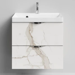 Тумба Марко 60 подвесной, ручки Хром, Мрамор Белый натур милк ПВХ 2537 Vodok с раковиной в комплекте