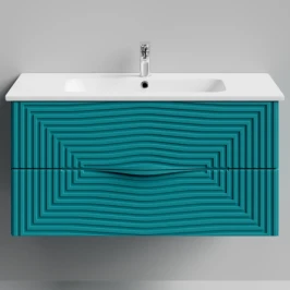 Тумба Эйфория 100 F5, пример RAL 5021 Водная синь, матовая, 2 ящика, подвесной Vodok с раковиной в комплекте