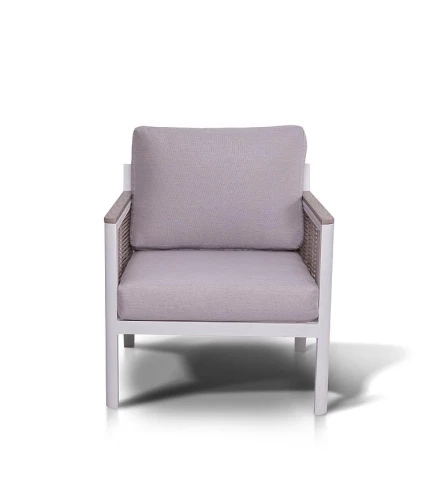 "Сан Ремо" кресло плетеное из роупа садовое, каркас алюминий белый, роуп бежевый, ткань бежевая