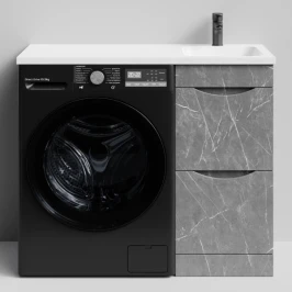 Тумба Смайл 100 напольный, под стиральную машину, правая, Мрамор Серый софт тач ПВХ 4044-1 Vodok с раковиной в комплекте