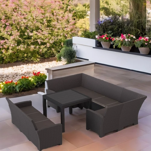 Комплект садовой мебели под ротанг Калифорния “California“с П- образный диваном 136х264х136 см 6 мест, 3х местным диваном 175х61 см, с  подушками и столом 95х95см