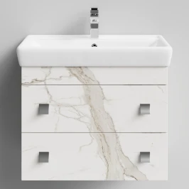 Тумба Квадро 70 подвесной, Мрамор Белый натур милк ПВХ 2537 Vodok с раковиной в комплекте