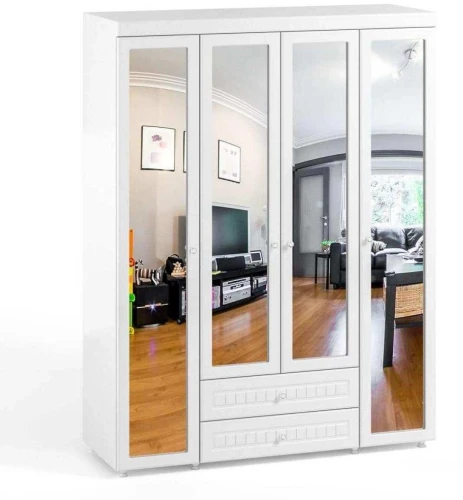 Шкаф 4-х дверный с ящиками и 4-я зеркалами Монако МН-64 белое дерево