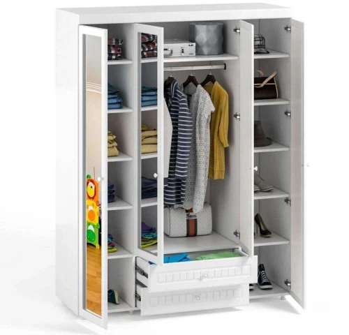 Шкаф 4-х дверный с ящиками и 4-я зеркалами Монако МН-64 белое дерево