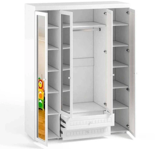 Шкаф 4-х дверный с ящиками и 4-я зеркалами Монако МН-64 белое дерево