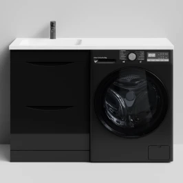 Тумба Смайл 120 напольный, под стиральную машину, левая, черный глянец Vodok с раковиной в комплекте