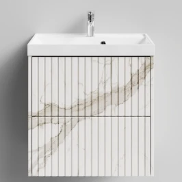 Тумба Тач 60 подвесной, Мрамор Белый натур милк ПВХ 2537 Vodok с раковиной в комплекте