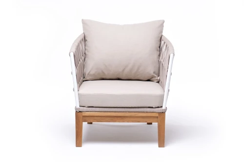 "Диего" кресло плетеное из роупа, основание дуб, каркас алюминий светло-серый (RAL7035) шагрень, роуп бежевый круглый, ткань бежевая 15052