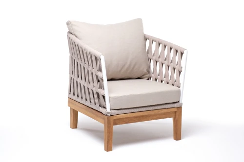 "Диего" кресло плетеное из роупа, основание дуб, каркас алюминий светло-серый (RAL7035) шагрень, роуп бежевый круглый, ткань бежевая 15052