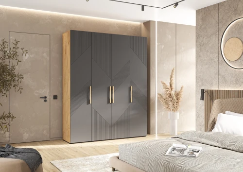 Шкаф четырехстворчатый Ирис, Браш Графит, Дуб Крафт