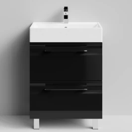 Тумба Мальта 60 напольный, ящики, черный глянец Vodok с раковиной в комплекте