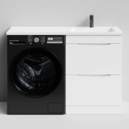 Тумба Смайл 120 напольный, под стиральную машину, правая, белый глянец Vodok с раковиной в комплекте