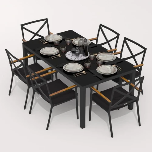 Обеденная группа CANA  FESTA  каркас карбон / стол стекло 180 / ткань черная