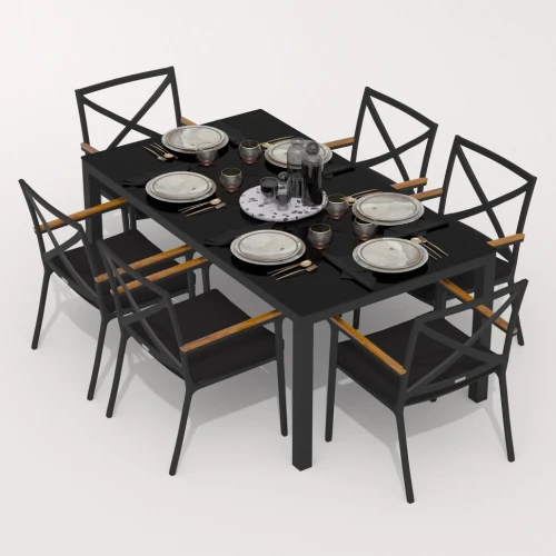 Обеденная группа CANA  FESTA  каркас карбон / стол стекло 180 / ткань черная