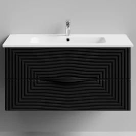 Тумба Эйфория 100 F5, пример RAL 9005 Чёрный янтарь, матовая, 2 ящика, подвесной Vodok с раковиной в комплекте