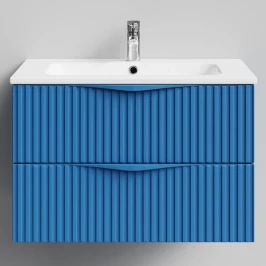 Тумба Эйфория 80 F6, пример RAL 5019 Капри синий, матовая, 2 ящика, подвесной Vodok с раковиной в комплекте