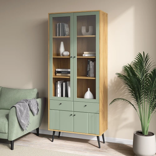 Шкаф с витриной Вега Саксония 84, серо-зеленый