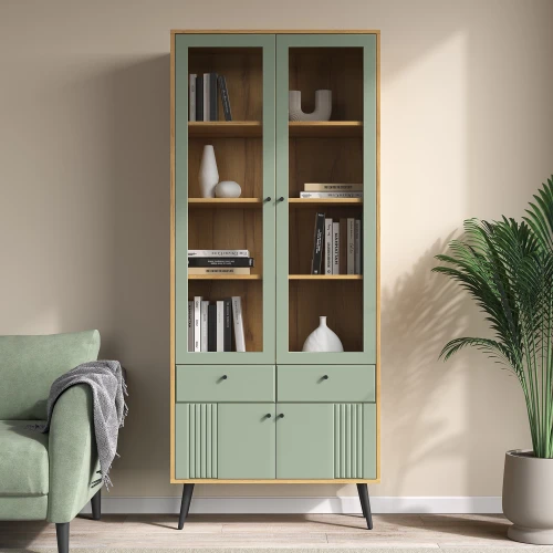 Шкаф с витриной Вега Саксония 84, серо-зеленый