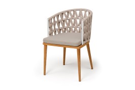 "Диего" стул плетеный из роупа, основание дуб каркас из стали белый муар, роуп бежевый круглый, ткань бежевая 052