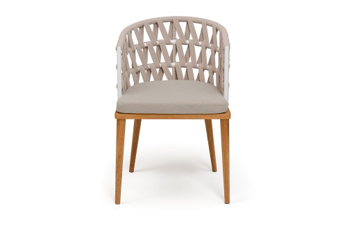 "Диего" стул плетеный из роупа, основание дуб каркас из стали белый муар, роуп бежевый круглый, ткань бежевая 052