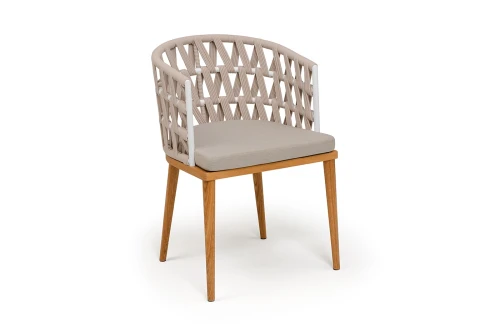 "Диего" стул плетеный из роупа, основание дуб каркас из стали белый муар, роуп бежевый круглый, ткань бежевая 052