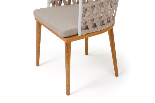 "Диего" стул плетеный из роупа, основание дуб каркас из стали белый муар, роуп бежевый круглый, ткань бежевая 052