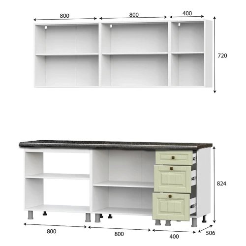 Кухонный гарнитур "Прованс"2,0м(МДФ)(со столешницей 38 мм)Серия 2Белый/Фисташковый текстурный/Черный