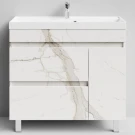 Тумба Бест 90 правая дверь, напольный, Мрамор Белый натур милк ПВХ 2537 Vodok с раковиной в комплекте