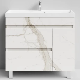 Тумба Бест 90 правая дверь, напольный, Мрамор Белый натур милк ПВХ 2537 Vodok с раковиной в комплекте
