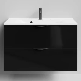 Тумба Марко 90 подвесной, ручки Черные, черный глянец Vodok с раковиной в комплекте