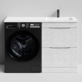 Тумба Смайл 120 напольный, под стиральную машину, правая, Белый камень ПВХ 57805 Vodok с раковиной в комплекте